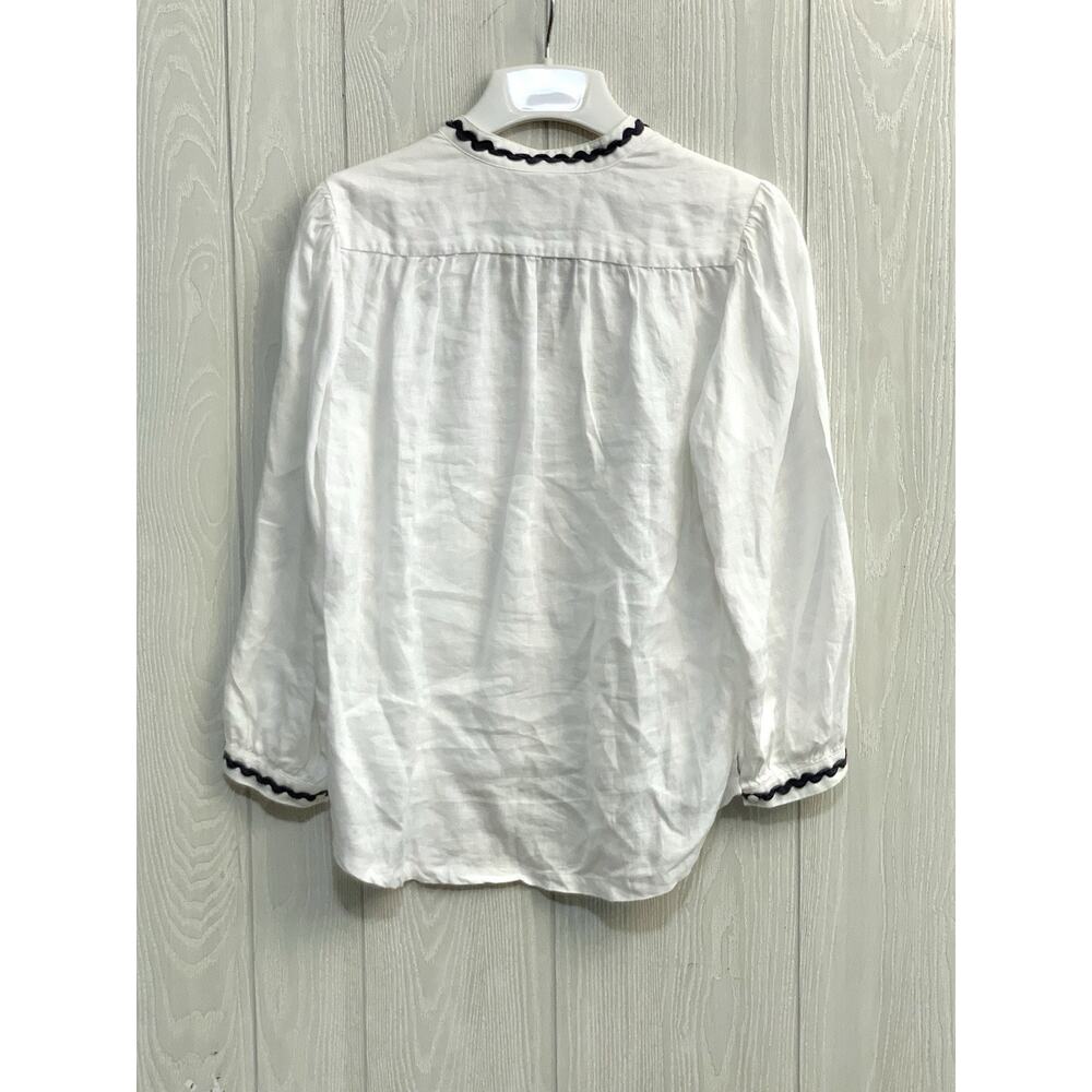 Trovata Birds Of Paradis Bailey Shirt Linen V-Neck White Blue Trim XS - Picture 6 of 7